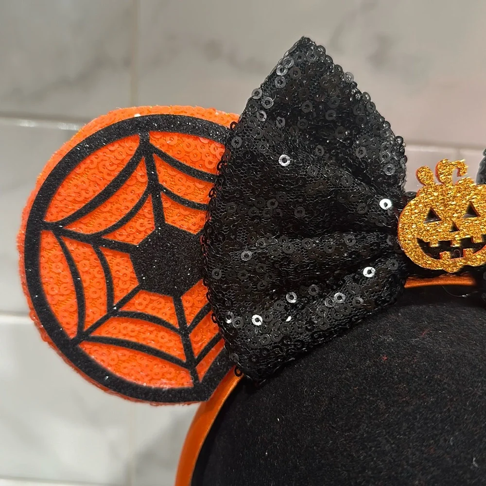 Halloween Pumpkin Minnie Mouse Sequin Ears Headband NEW Bow Spider Webs